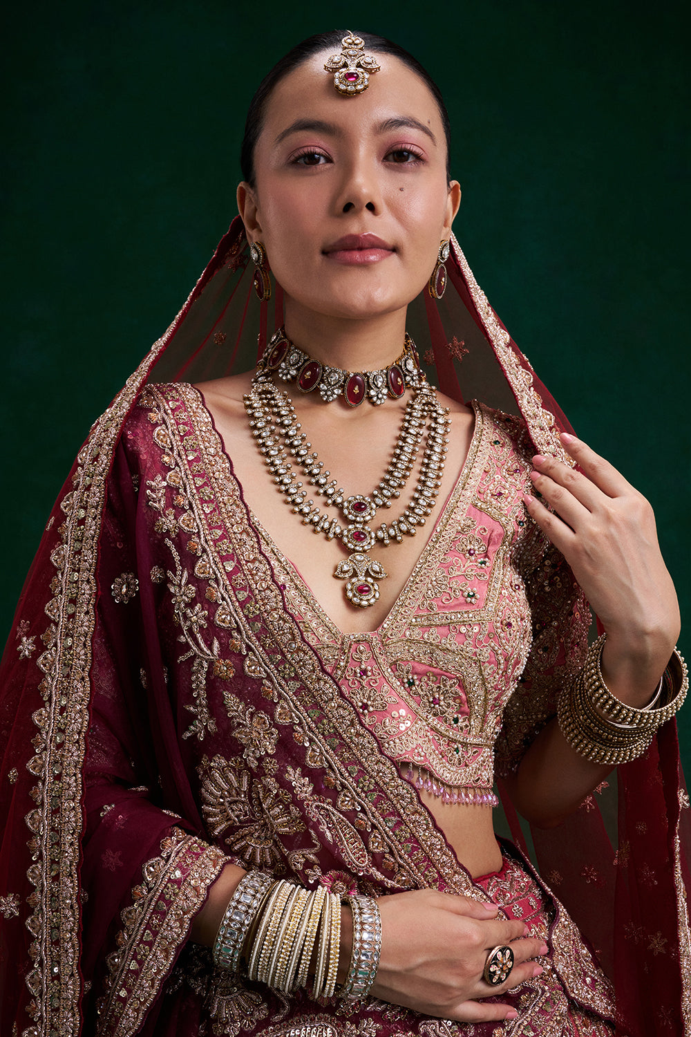 Rust Red Shimmer Tissue Bridal Lehenga with Zardozi and Resham Work