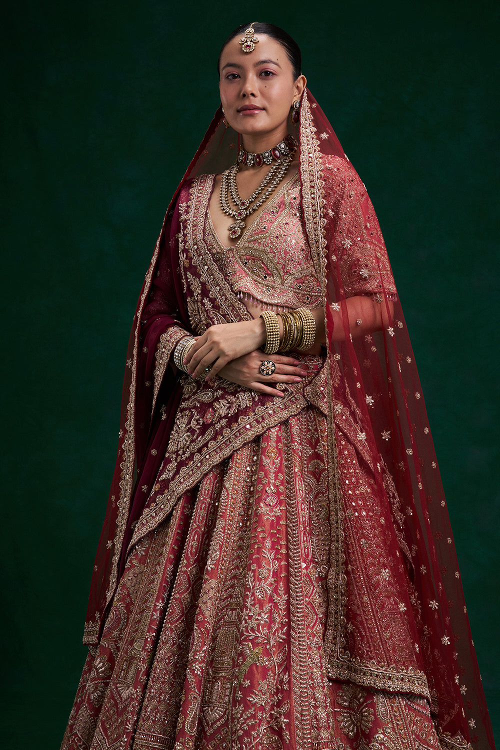 Rust Red Shimmer Tissue Bridal Lehenga with Zardozi and Resham Work
