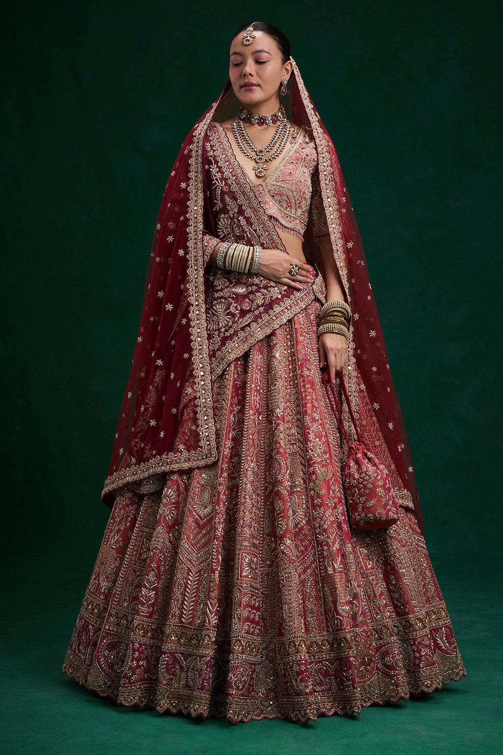 Rust Red Shimmer Tissue Bridal Lehenga with Zardozi and Resham Work