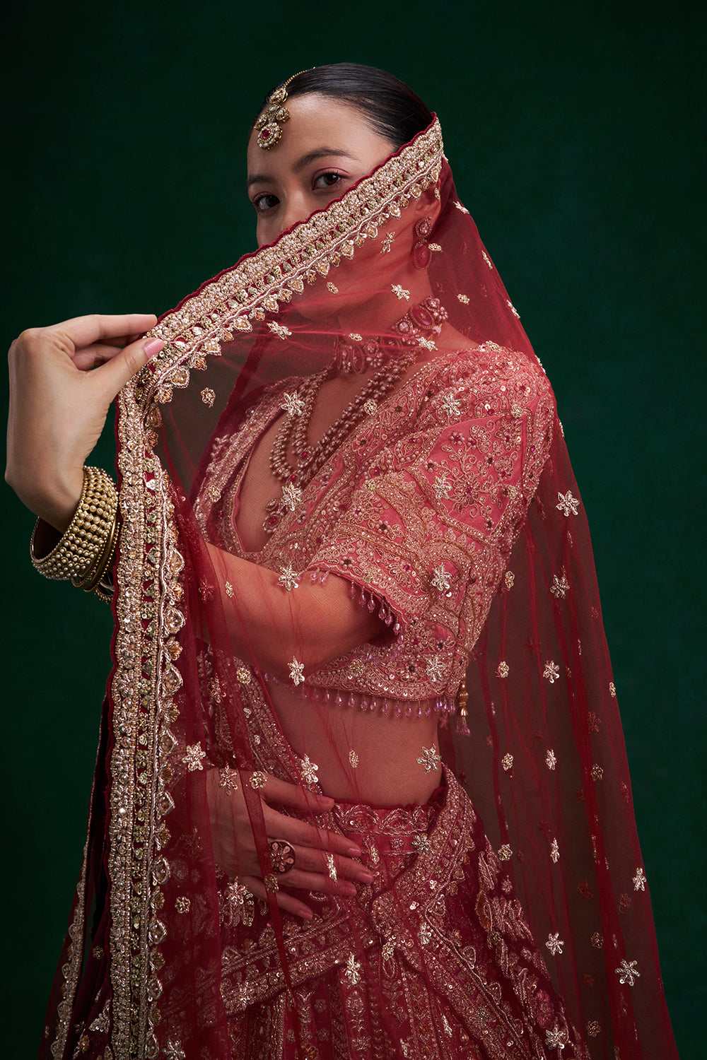 Rust Red Shimmer Tissue Bridal Lehenga with Zardozi and Resham Work