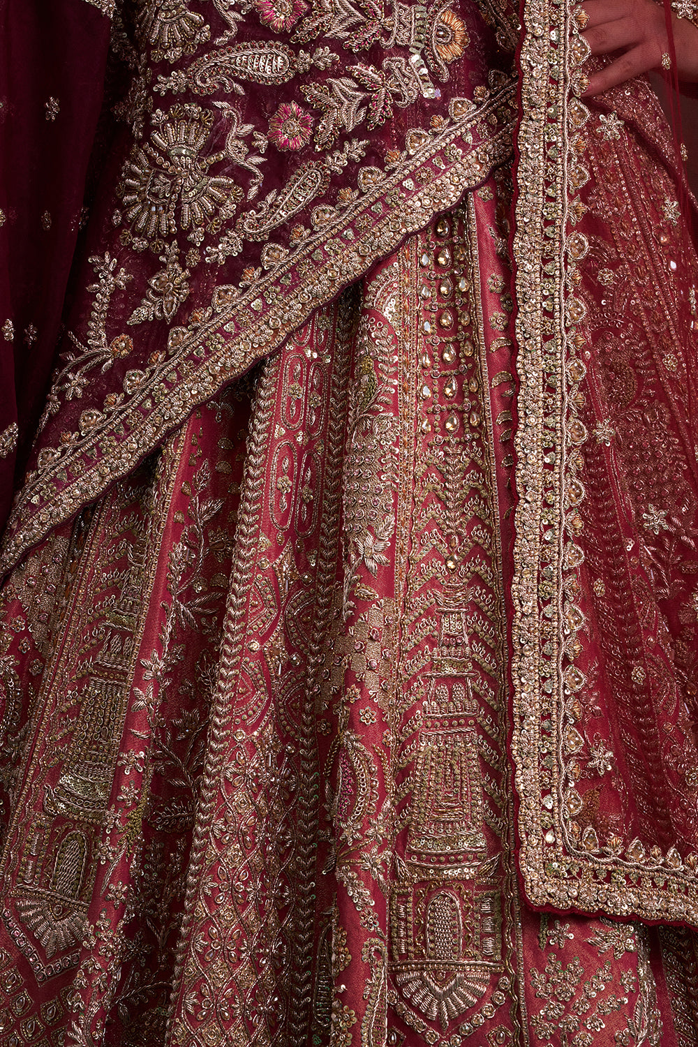 Rust Red Shimmer Tissue Bridal Lehenga with Zardozi and Resham Work