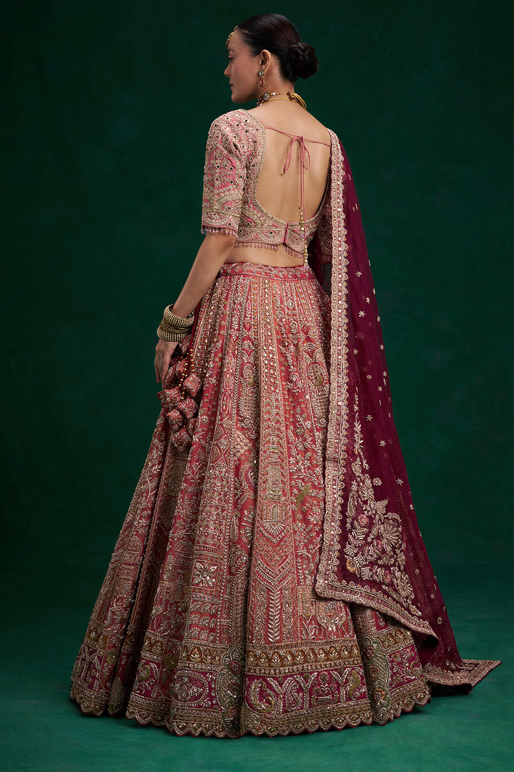 Rust Red Shimmer Tissue Bridal Lehenga with Zardozi and Resham Work