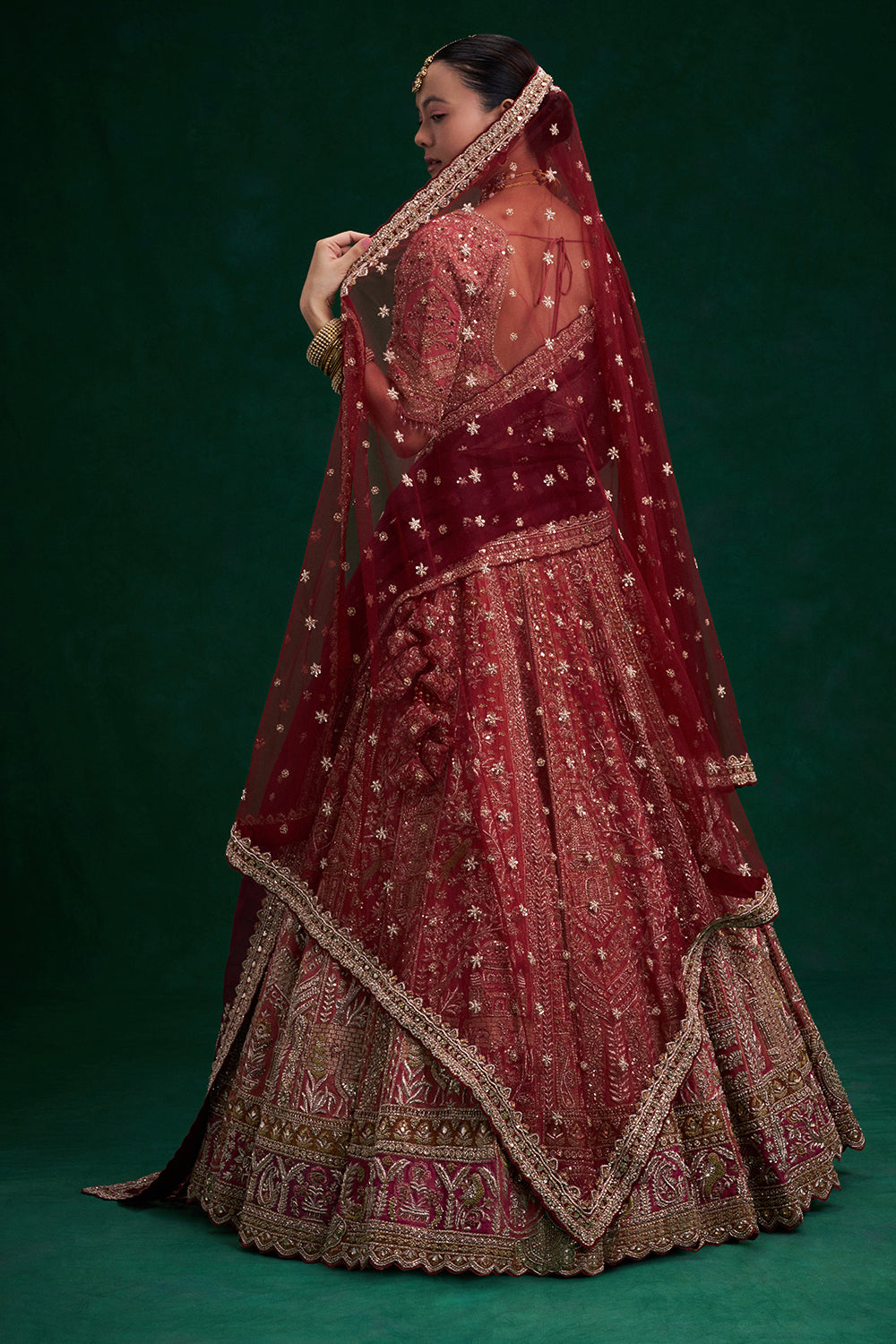 Rust Red Shimmer Tissue Bridal Lehenga with Zardozi and Resham Work