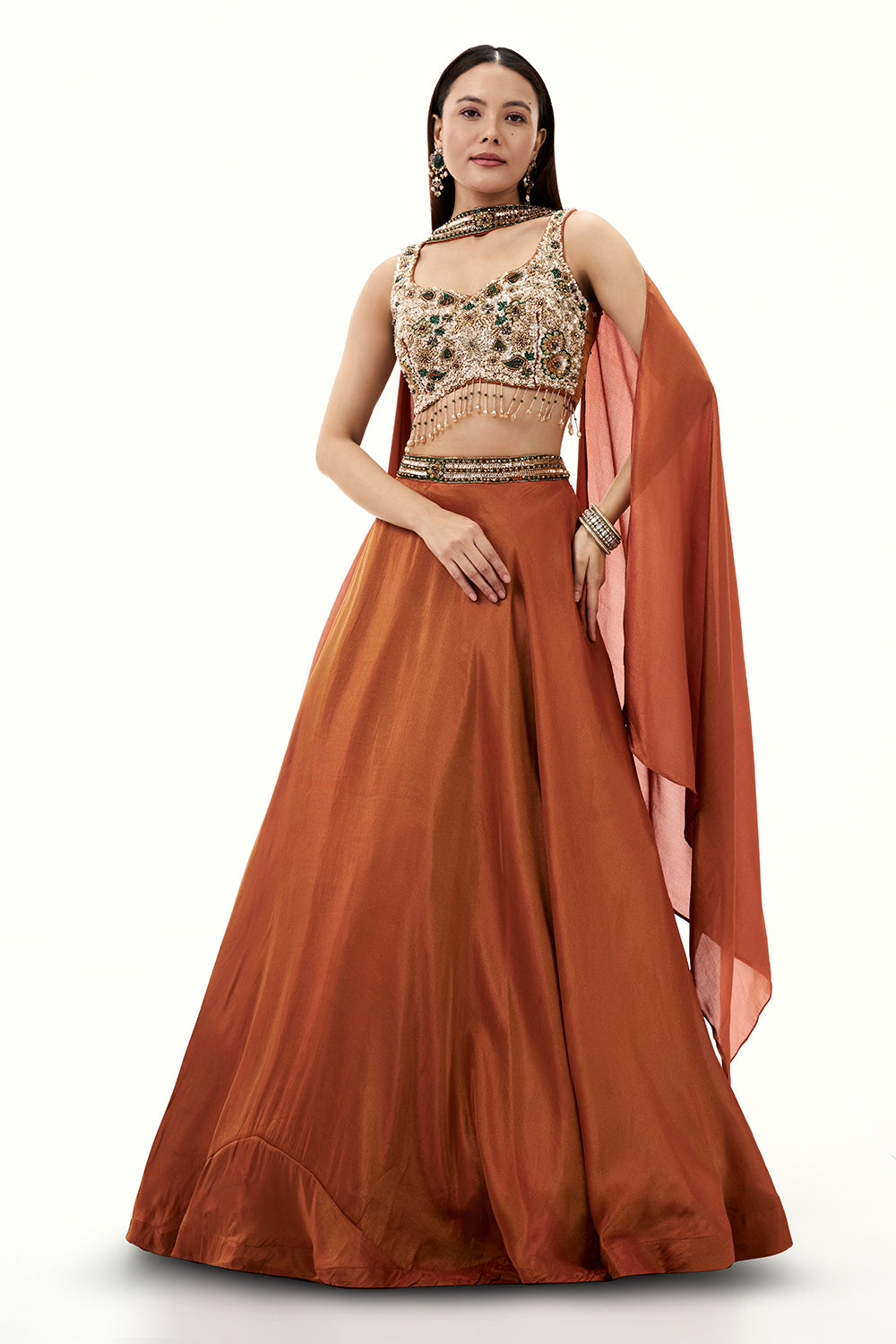 Rust Shimmer Art Silk Lehenga with Sequin and Bead Work