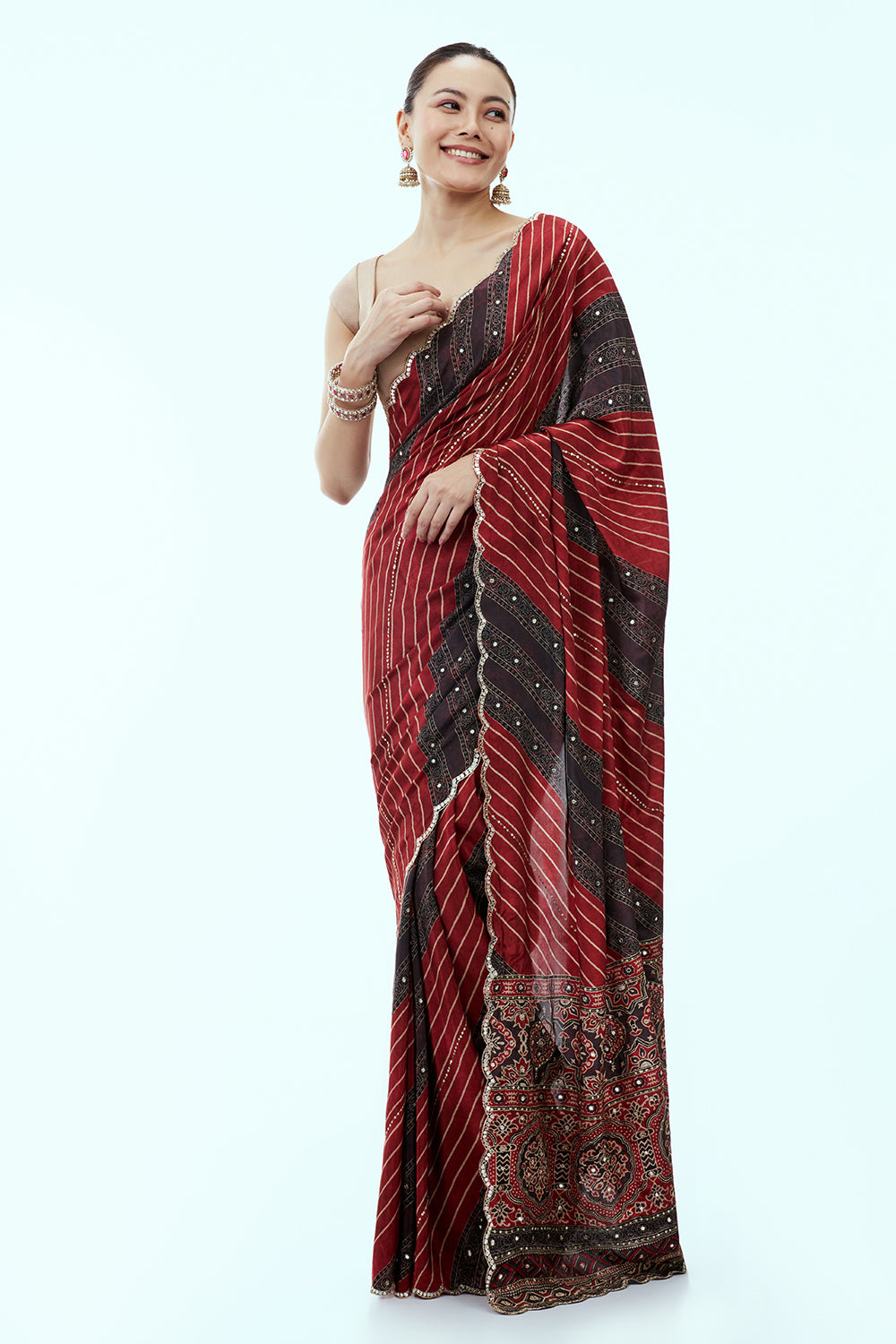 Rust Silk Leheriya Saree with Mirror Work and Unstitched Blouse