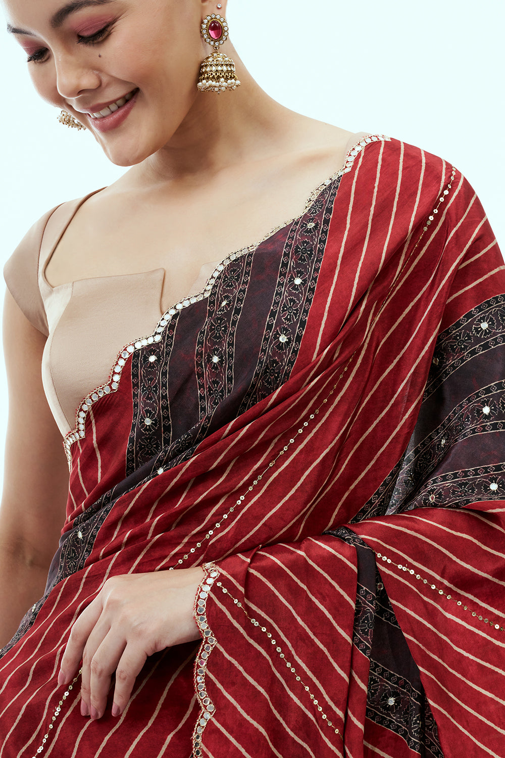 Rust Silk Leheriya Saree with Mirror Work and Unstitched Blouse