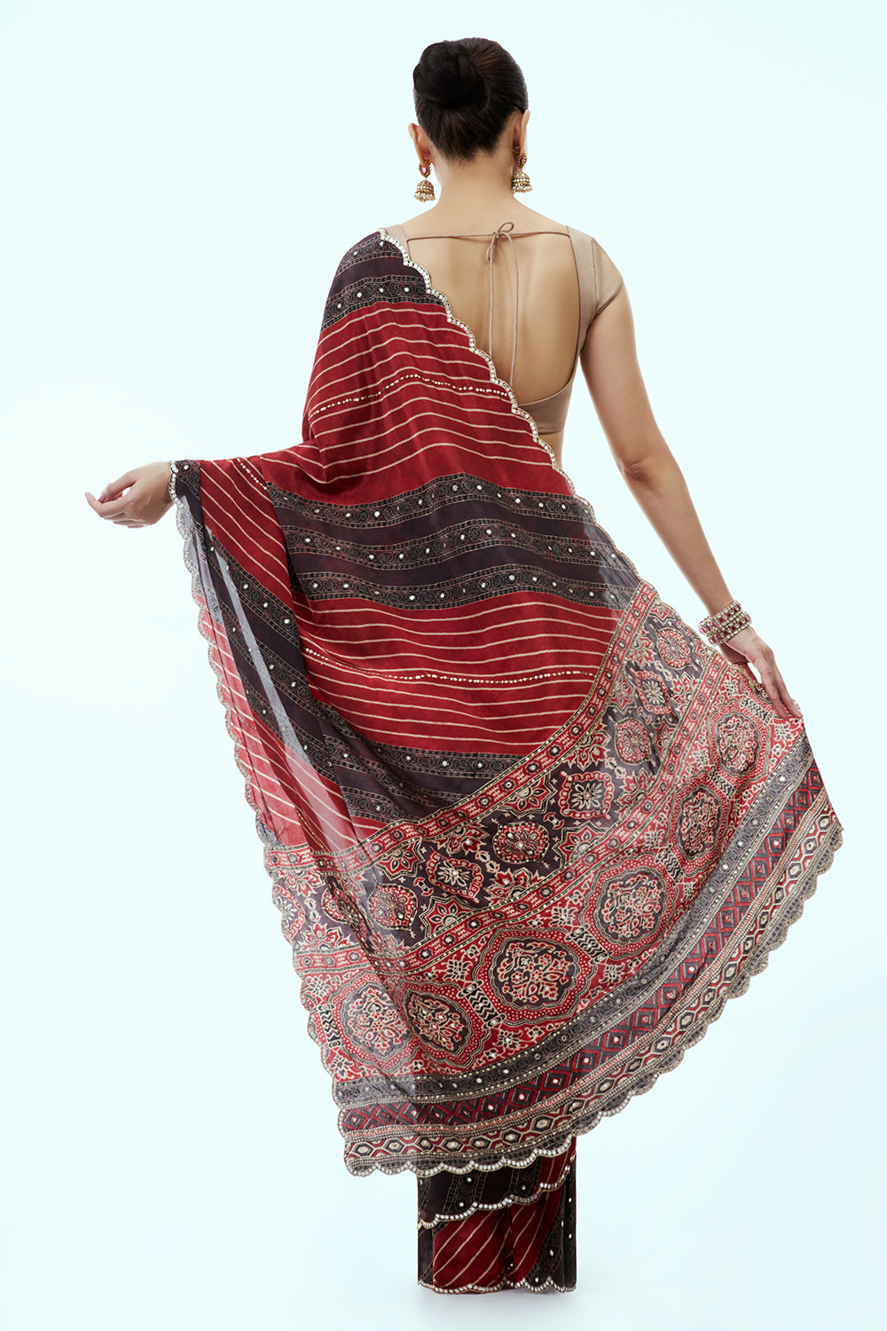 Rust Silk Leheriya Saree with Mirror Work and Unstitched Blouse