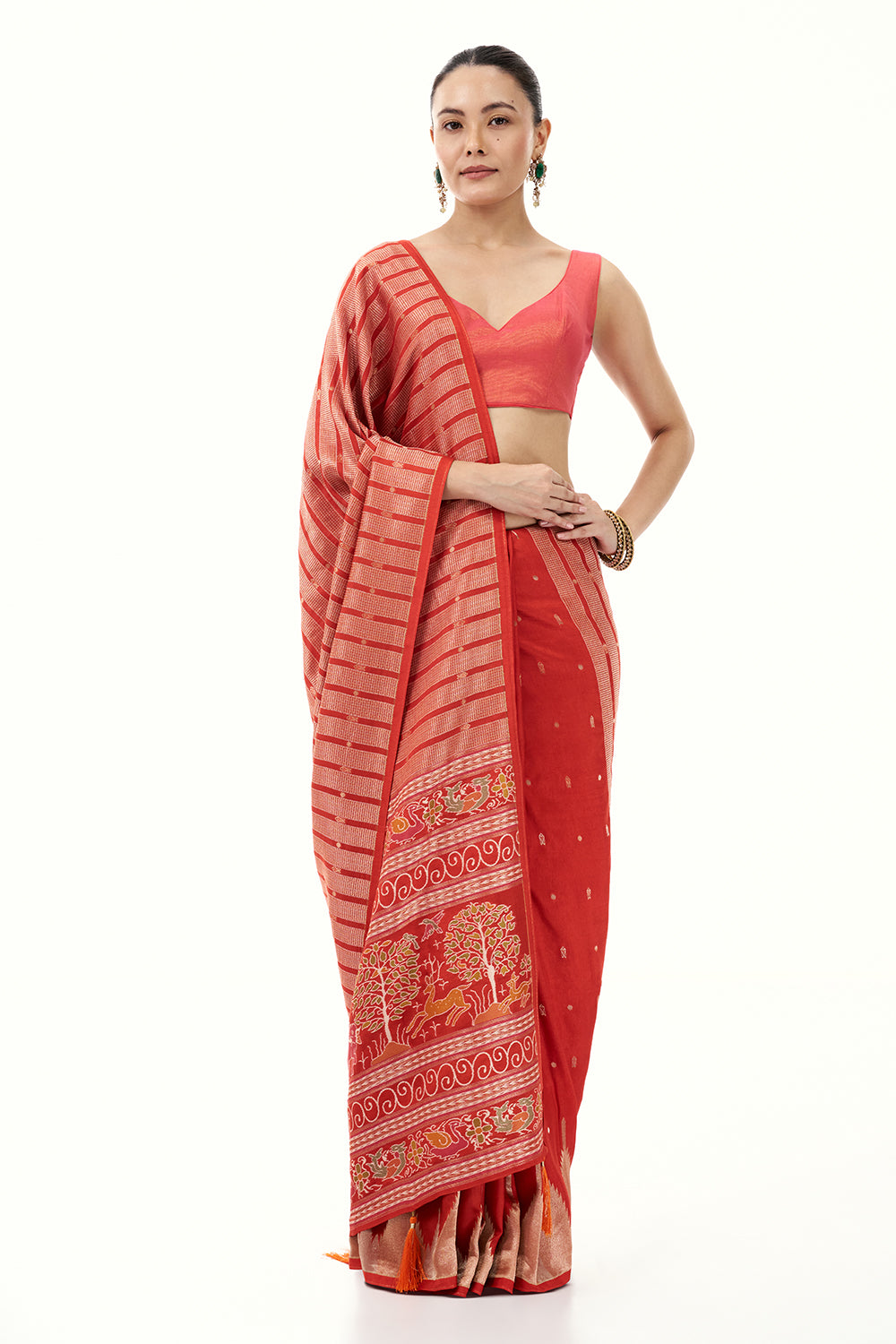 Rust Silk Woven Saree with Nature Motifs