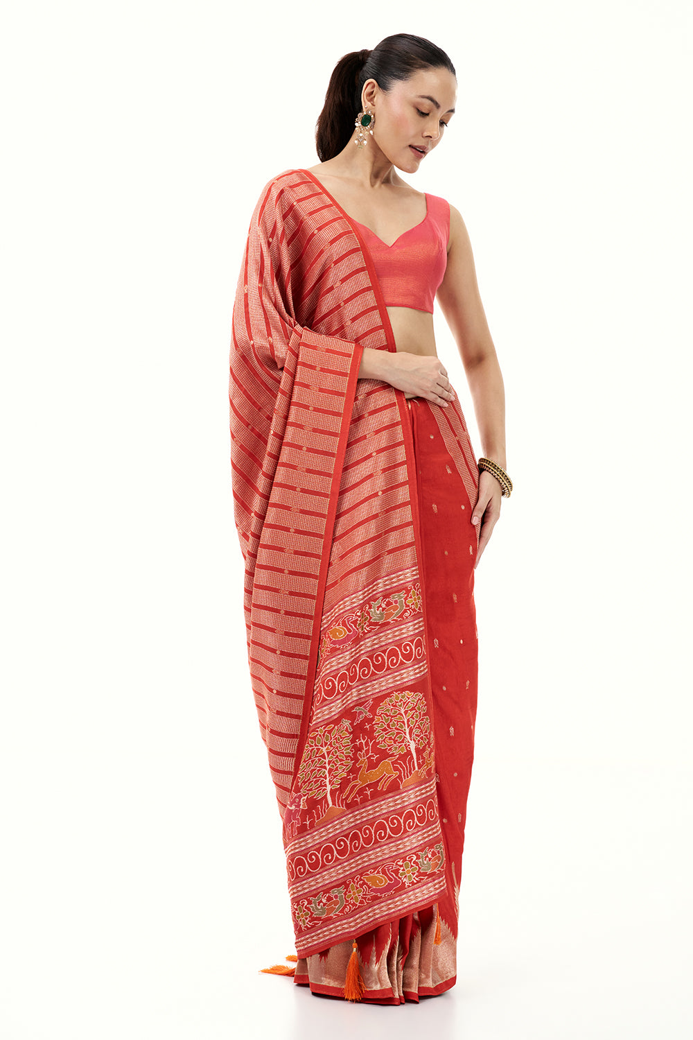 Rust Silk Woven Saree with Nature Motifs
