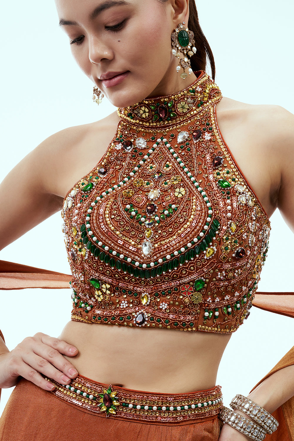 Rust Tissue Lehenga with Rhinestone Embellishments