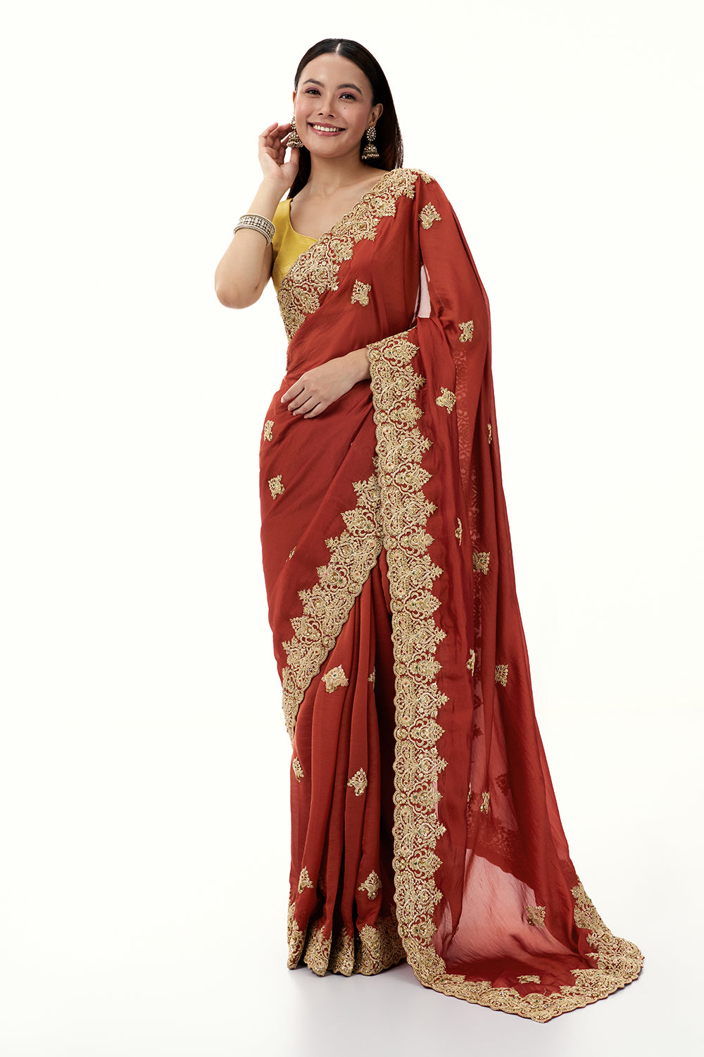 Rust Tissue Silk Saree with Zari and Embellished Border