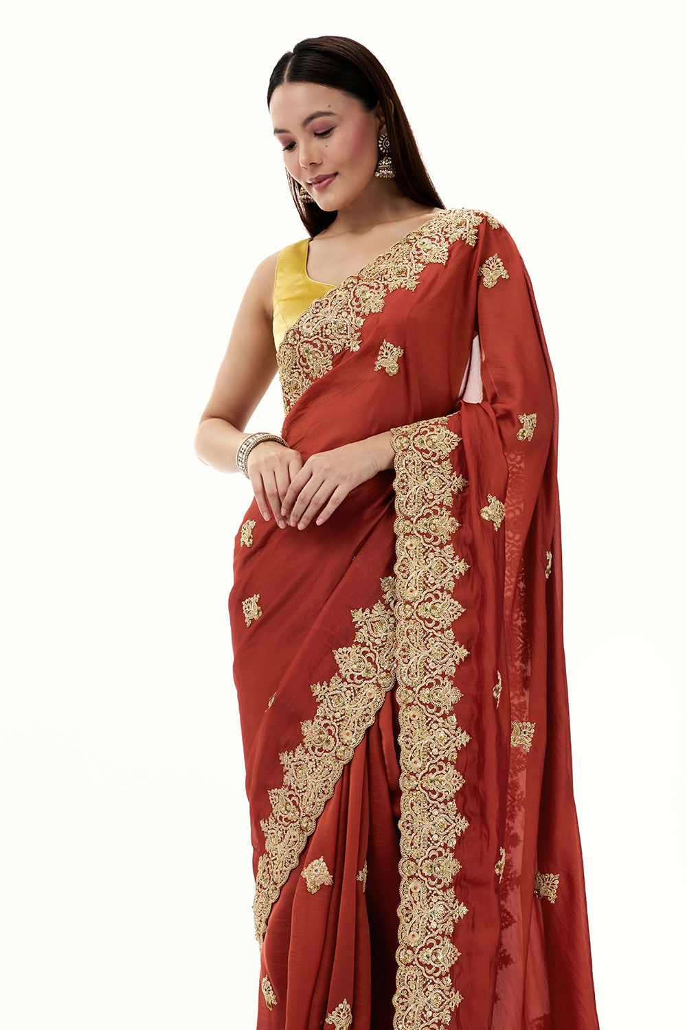 Rust Tissue Silk Saree with Zari and Embellished Border