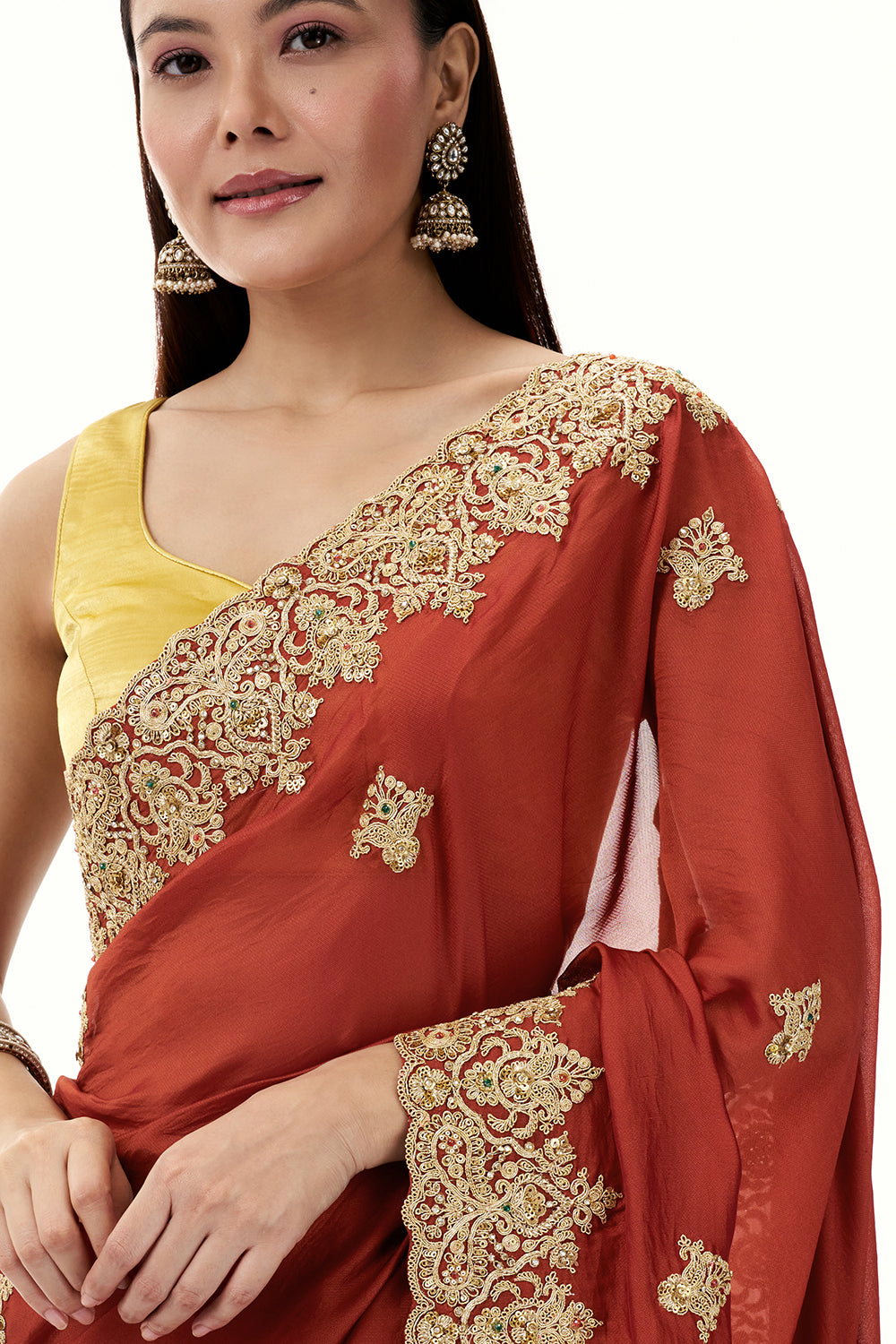 Rust Tissue Silk Saree with Zari and Embellished Border