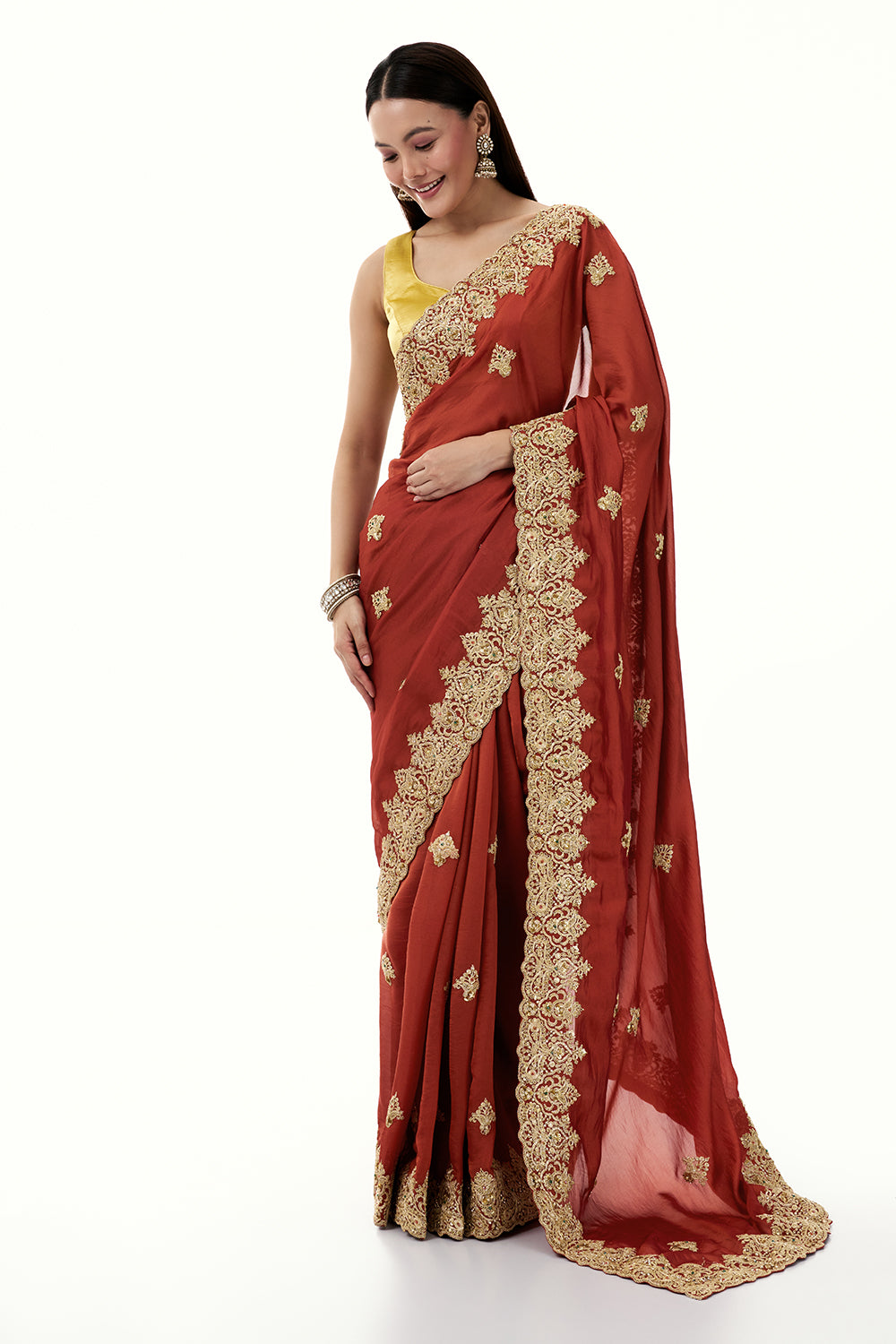 Rust Tissue Silk Saree with Zari and Embellished Border