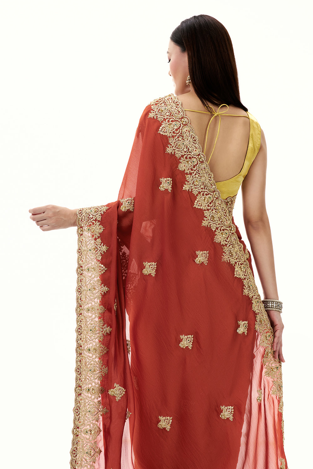 Rust Tissue Silk Saree with Zari and Embellished Border