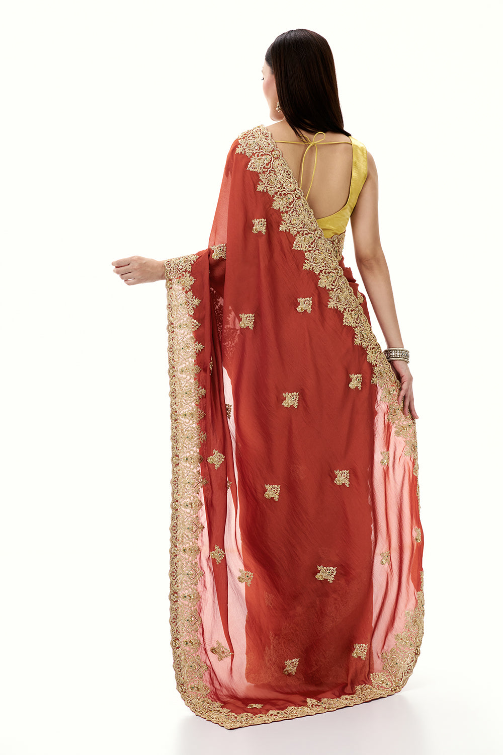 Rust Tissue Silk Saree with Zari and Embellished Border