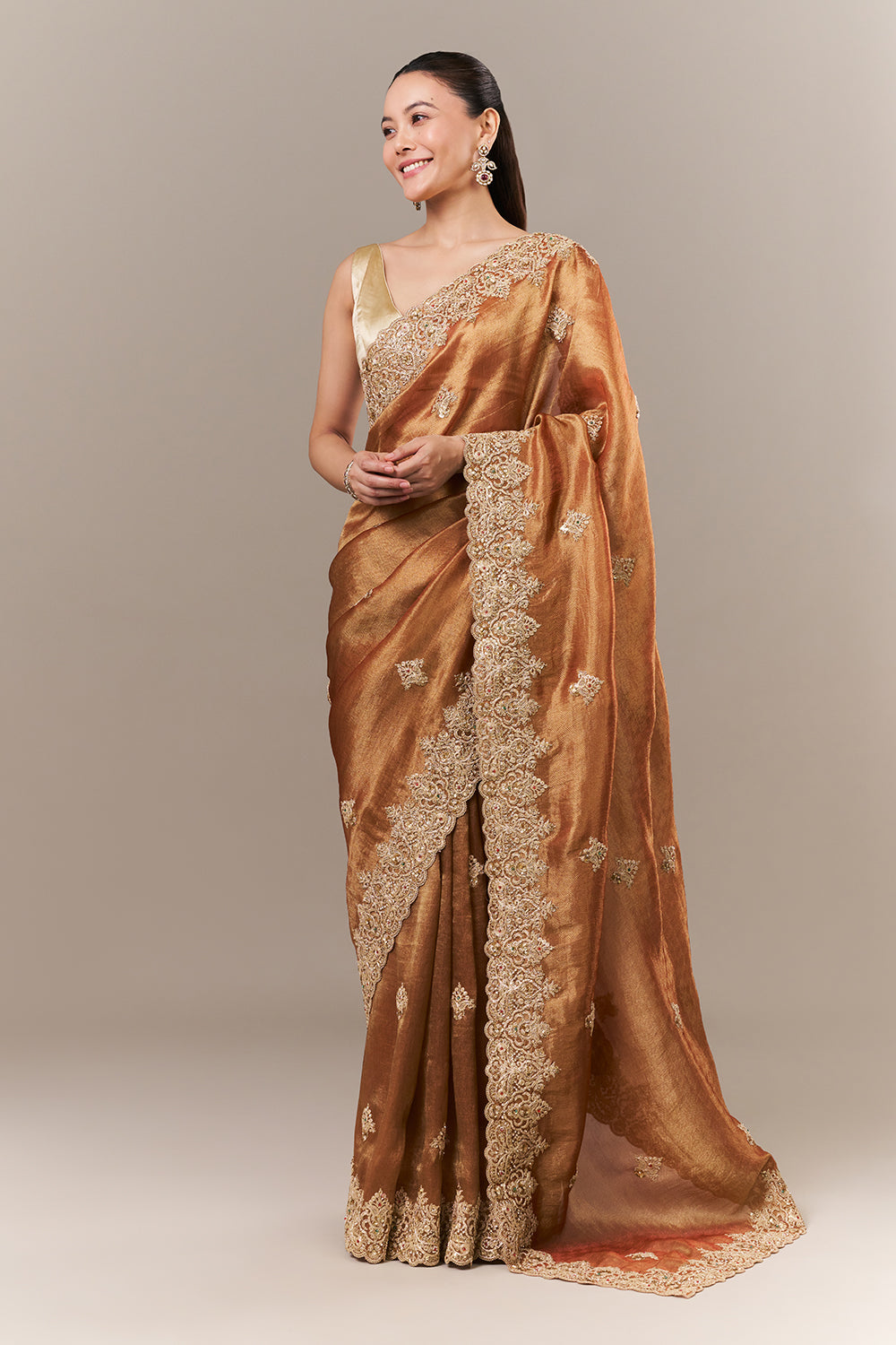 Rust Tissue Silk Saree with Zari and Sequin Work