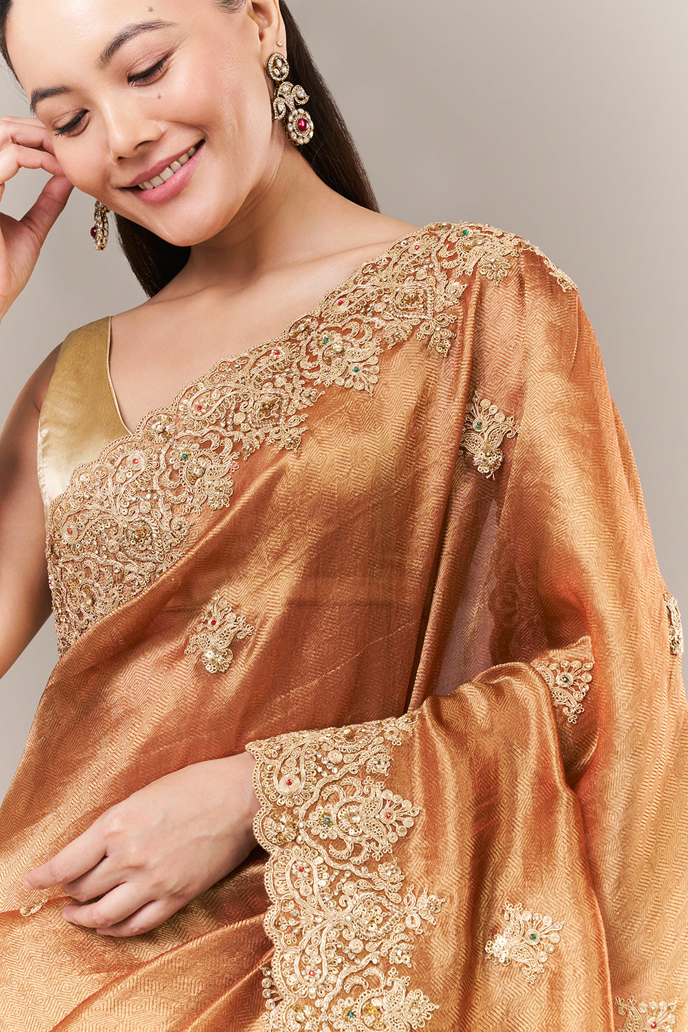 Rust Tissue Silk Saree with Zari and Sequin Work