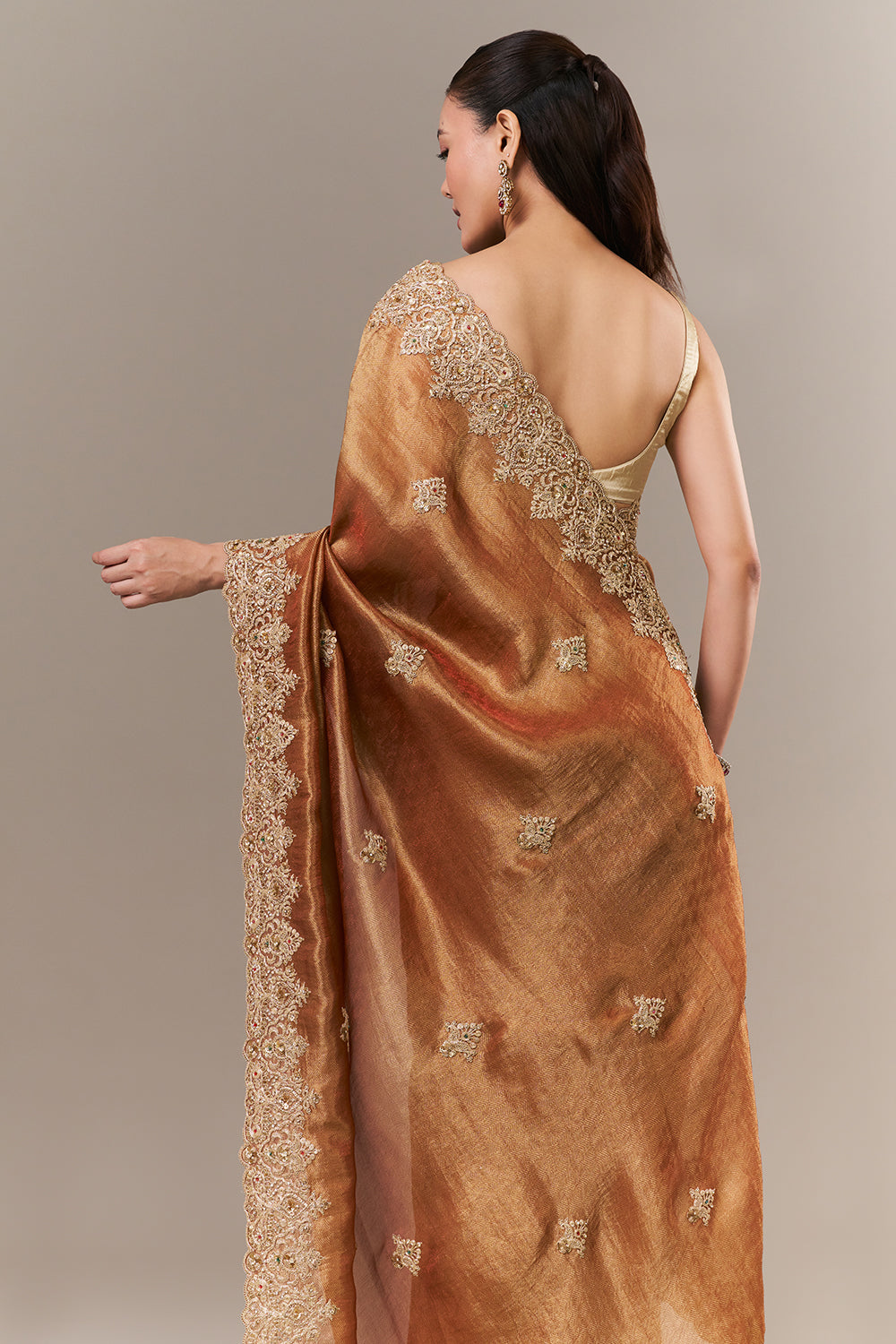 Rust Tissue Silk Saree with Zari and Sequin Work