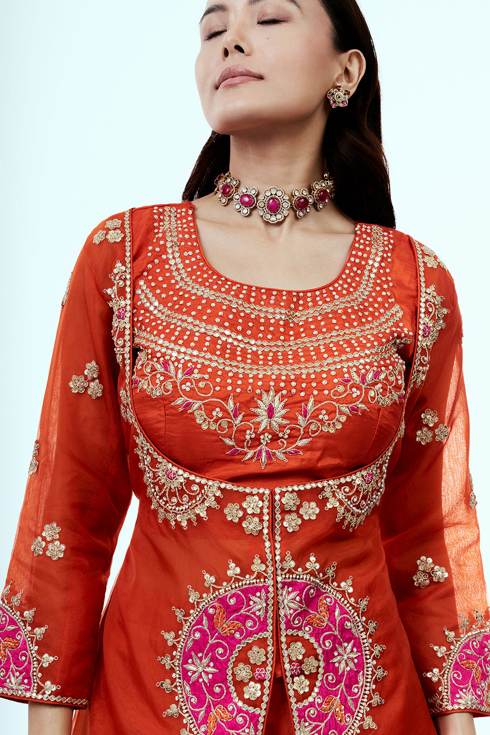 Rust Uppada Silk Suit Set with Gota Work