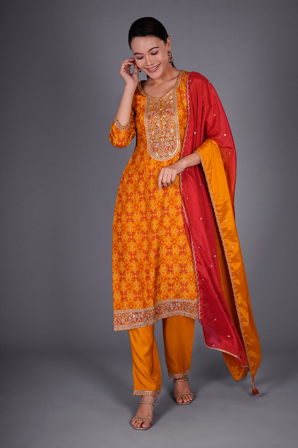 Rust Yellow Patola Print Silk Kurta Set with Patola Print Embroidery