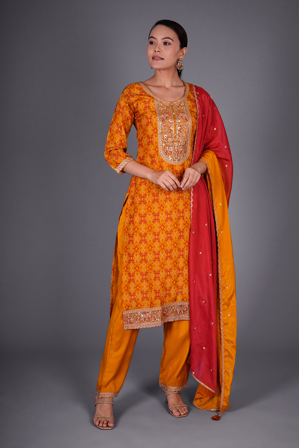Rust Yellow Patola Print Silk Kurta Set with Patola Print Embroidery