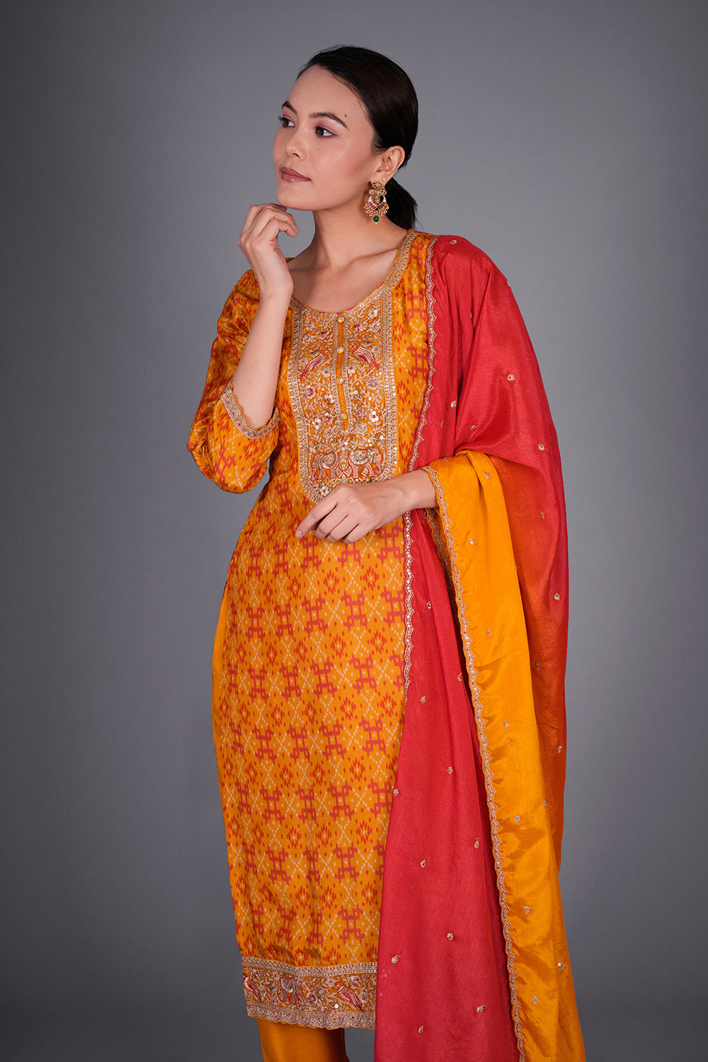 Rust Yellow Patola Print Silk Kurta Set with Patola Print Embroidery