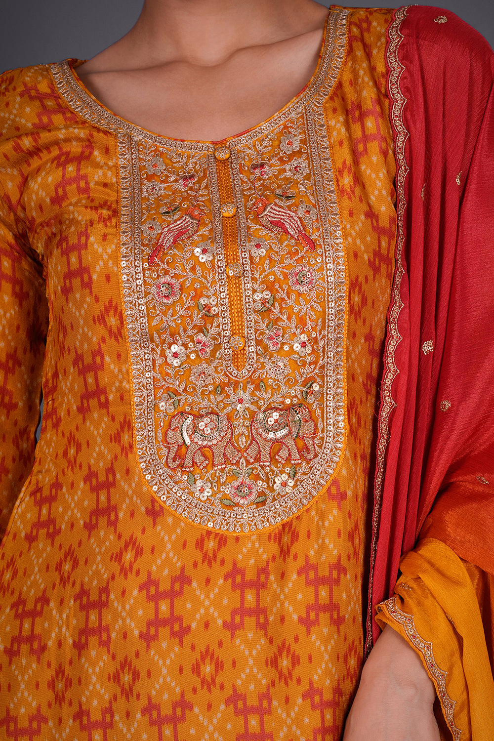 Rust Yellow Patola Print Silk Kurta Set with Patola Print Embroidery