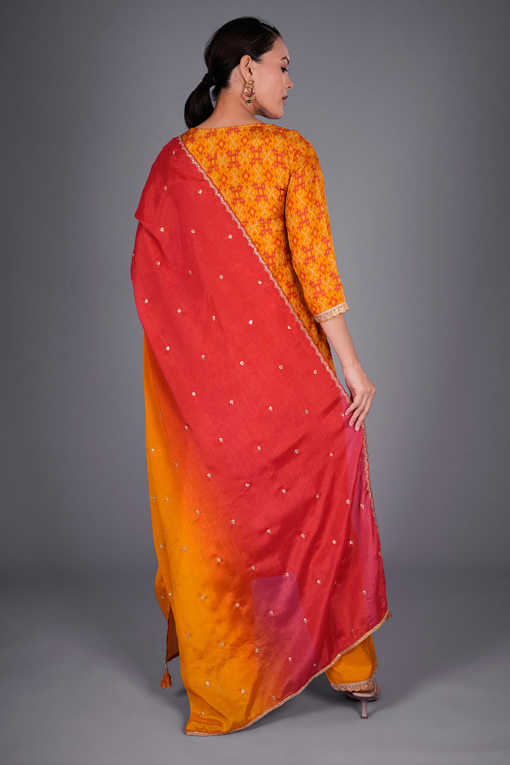 Rust Yellow Patola Print Silk Kurta Set with Patola Print Embroidery