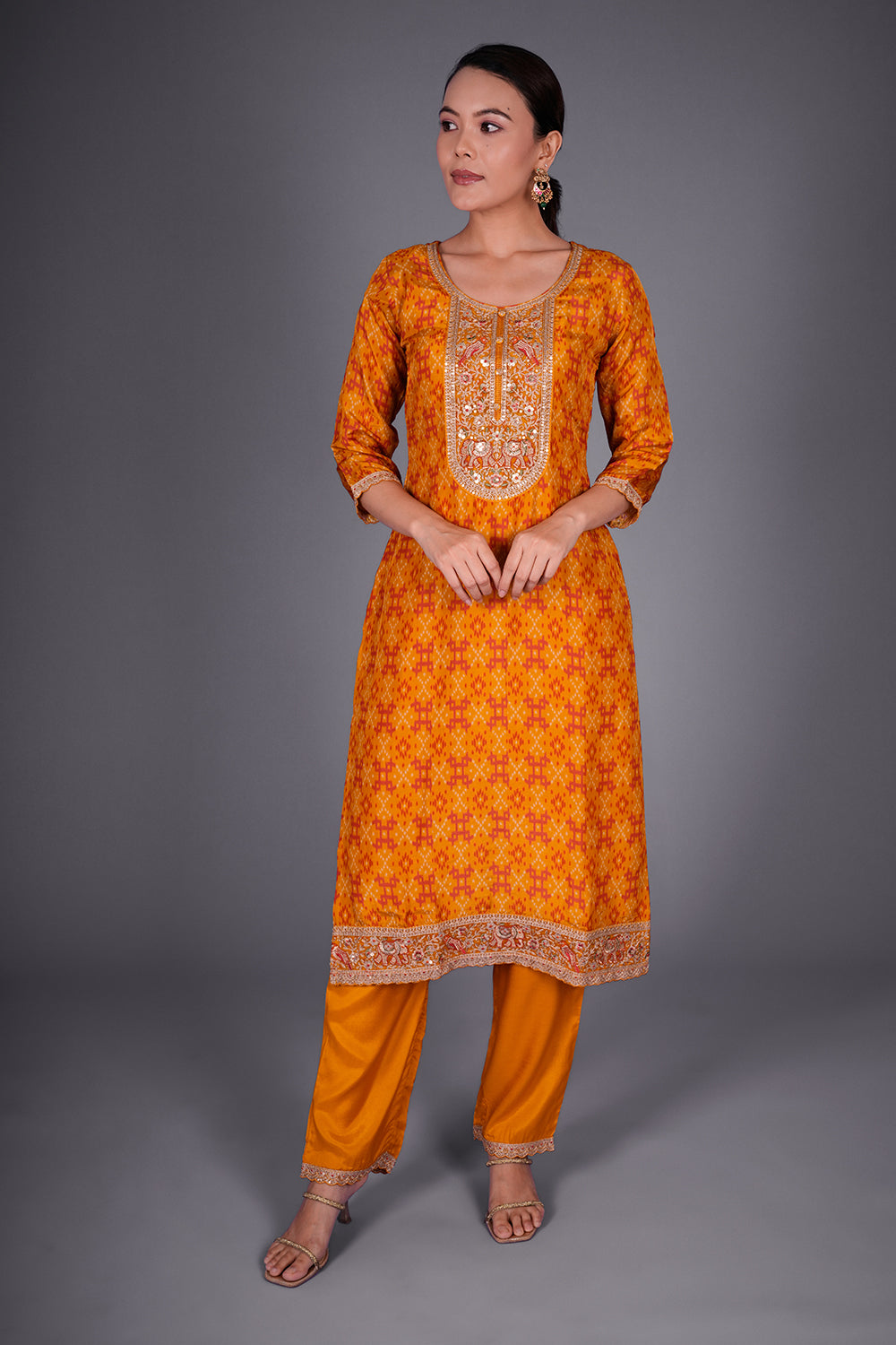 Rust Yellow Patola Print Silk Kurta Set with Patola Print Embroidery