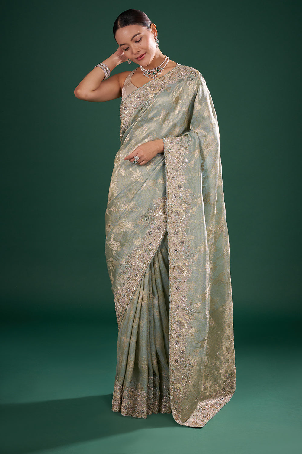 Sage Green and Gold Banarasi Saree with Zardozi Embroidery and Unstitched Blouse