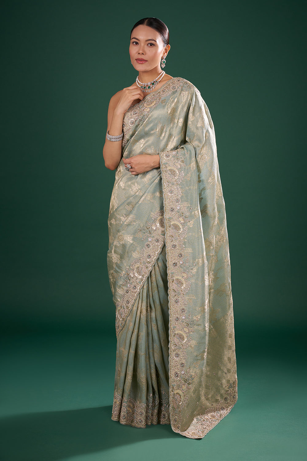Sage Green and Gold Banarasi Saree with Zardozi Embroidery and Unstitched Blouse