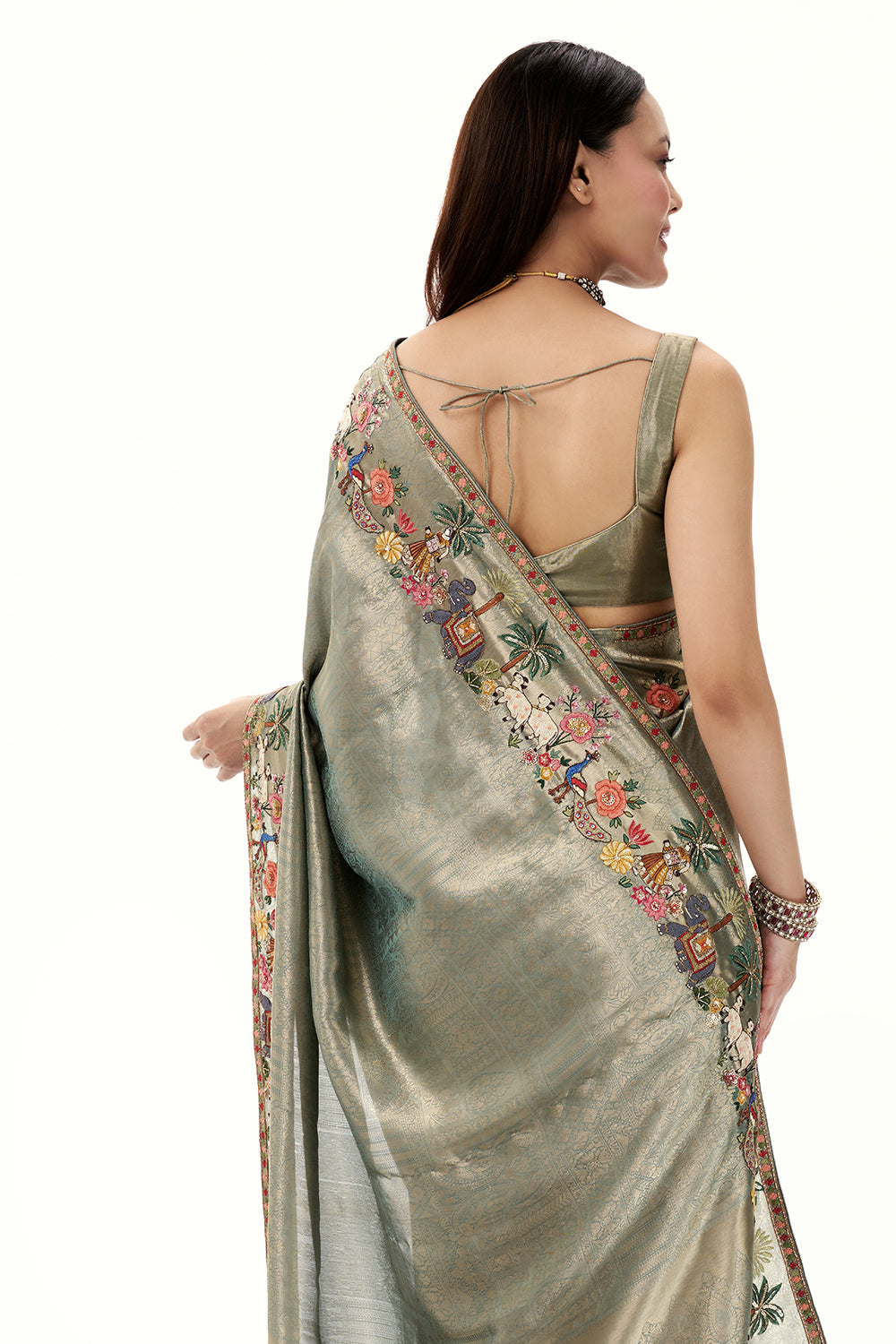Sage Green Brocade Silk Saree with Resham and Zari Work