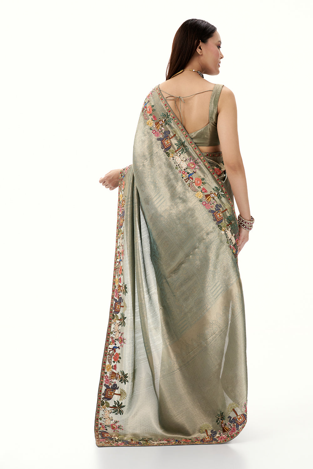 Sage Green Brocade Silk Saree with Resham and Zari Work