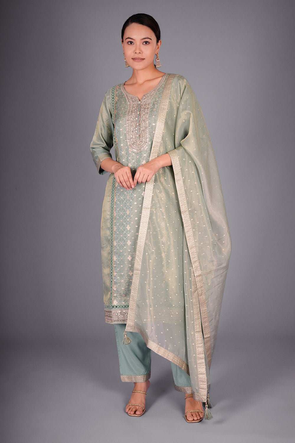 Sage Green Chanderi Kurta Set with Zari Embroidery
