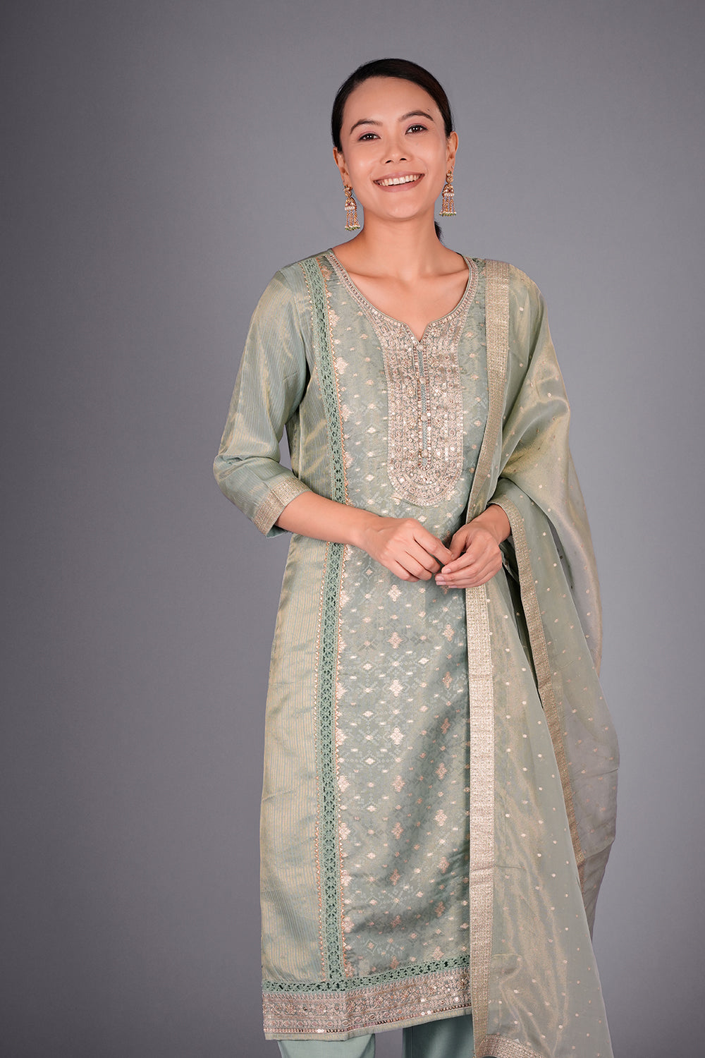 Sage Green Chanderi Kurta Set with Zari Embroidery
