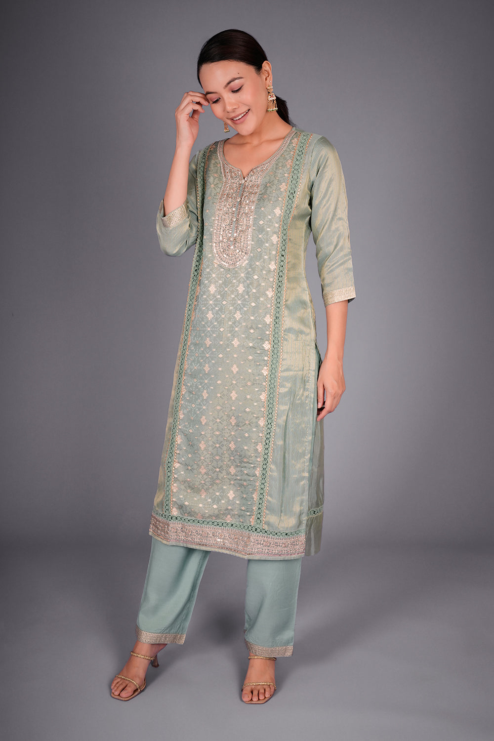 Sage Green Chanderi Kurta Set with Zari Embroidery