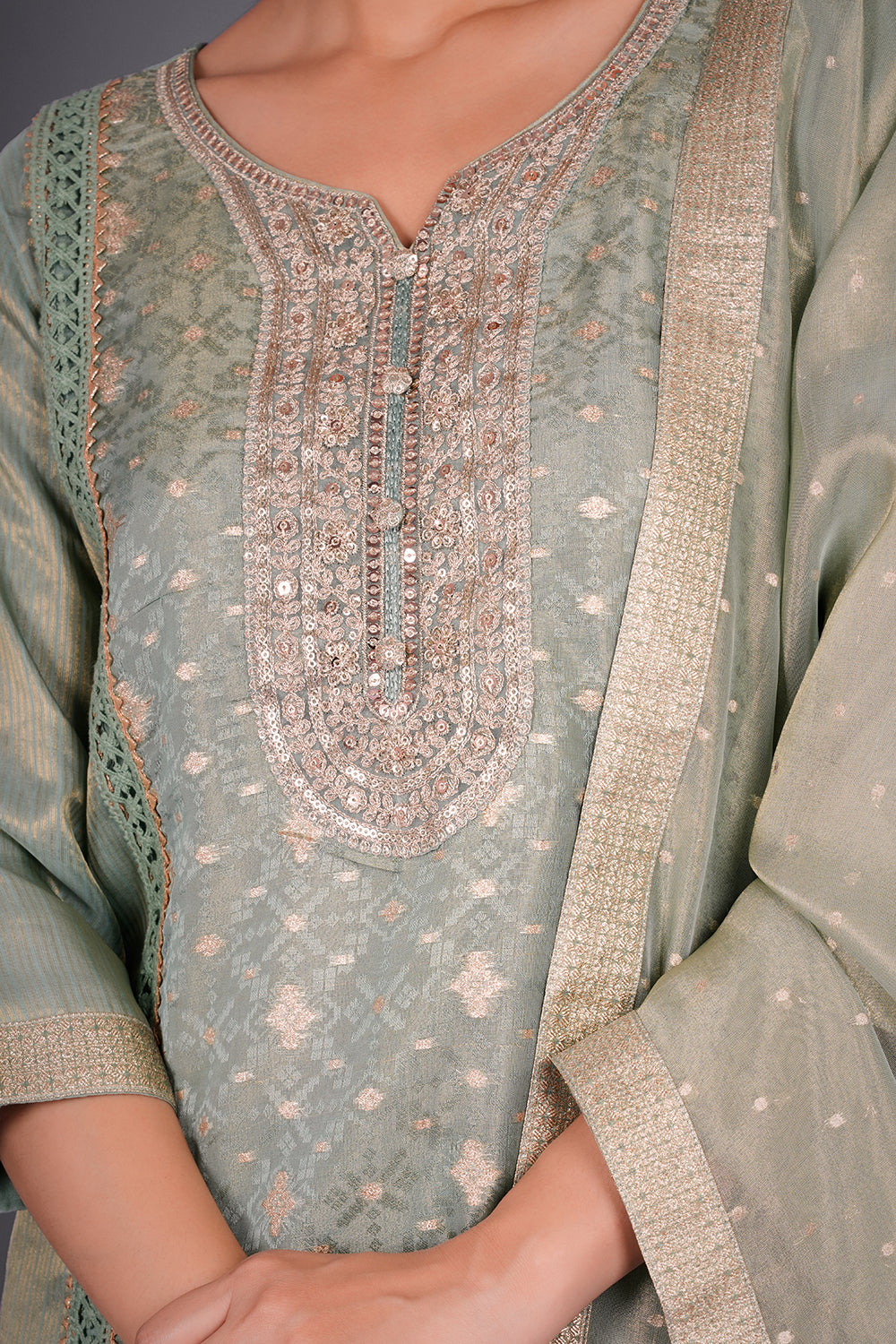 Sage Green Chanderi Kurta Set with Zari Embroidery