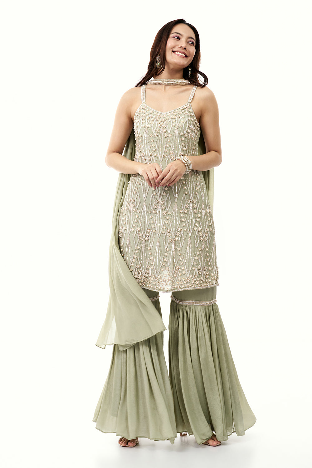 Sage Green Chinon Sharara Set with Moti and Cutdana Work