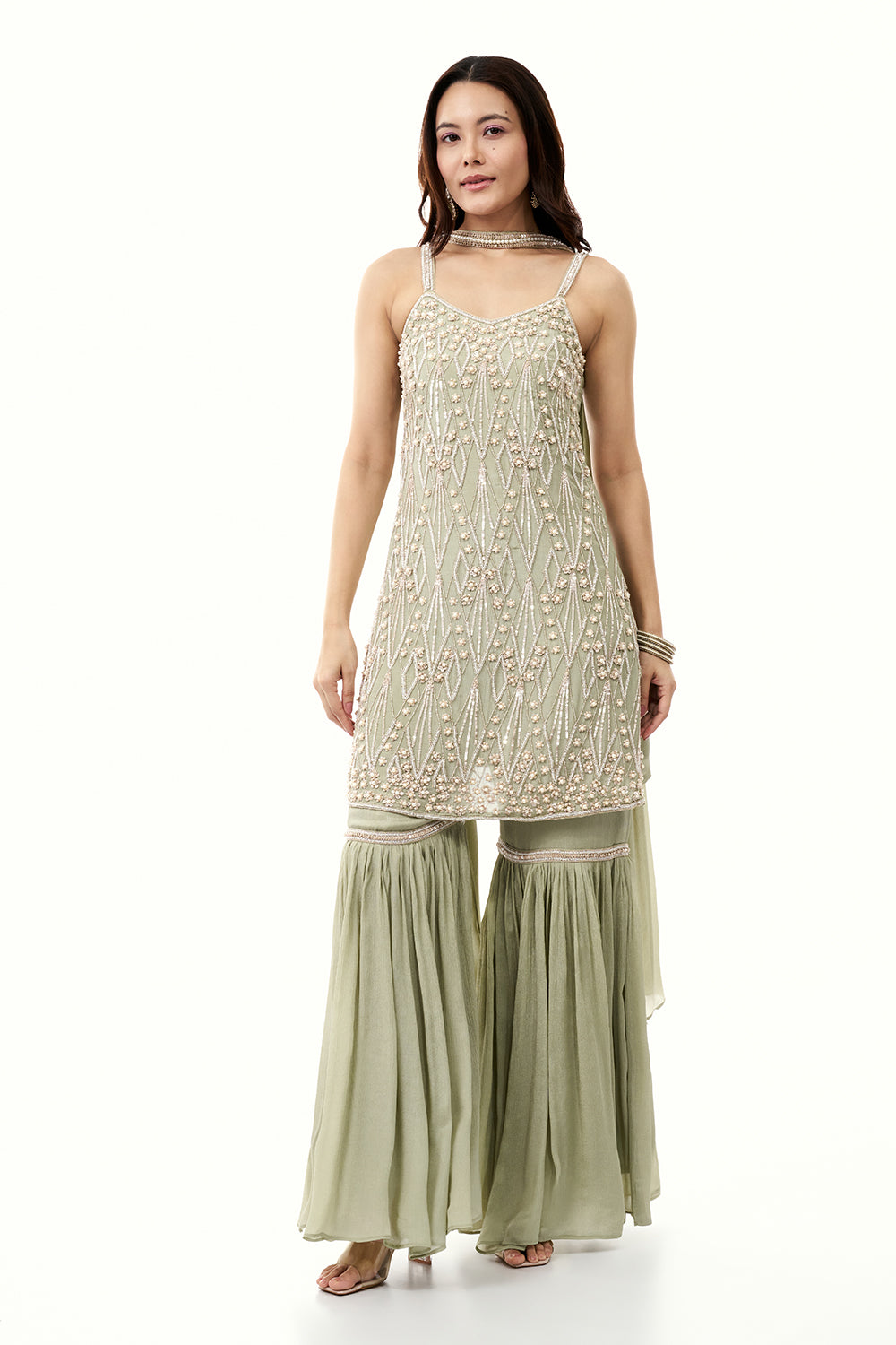 Sage Green Chinon Sharara Set with Moti and Cutdana Work