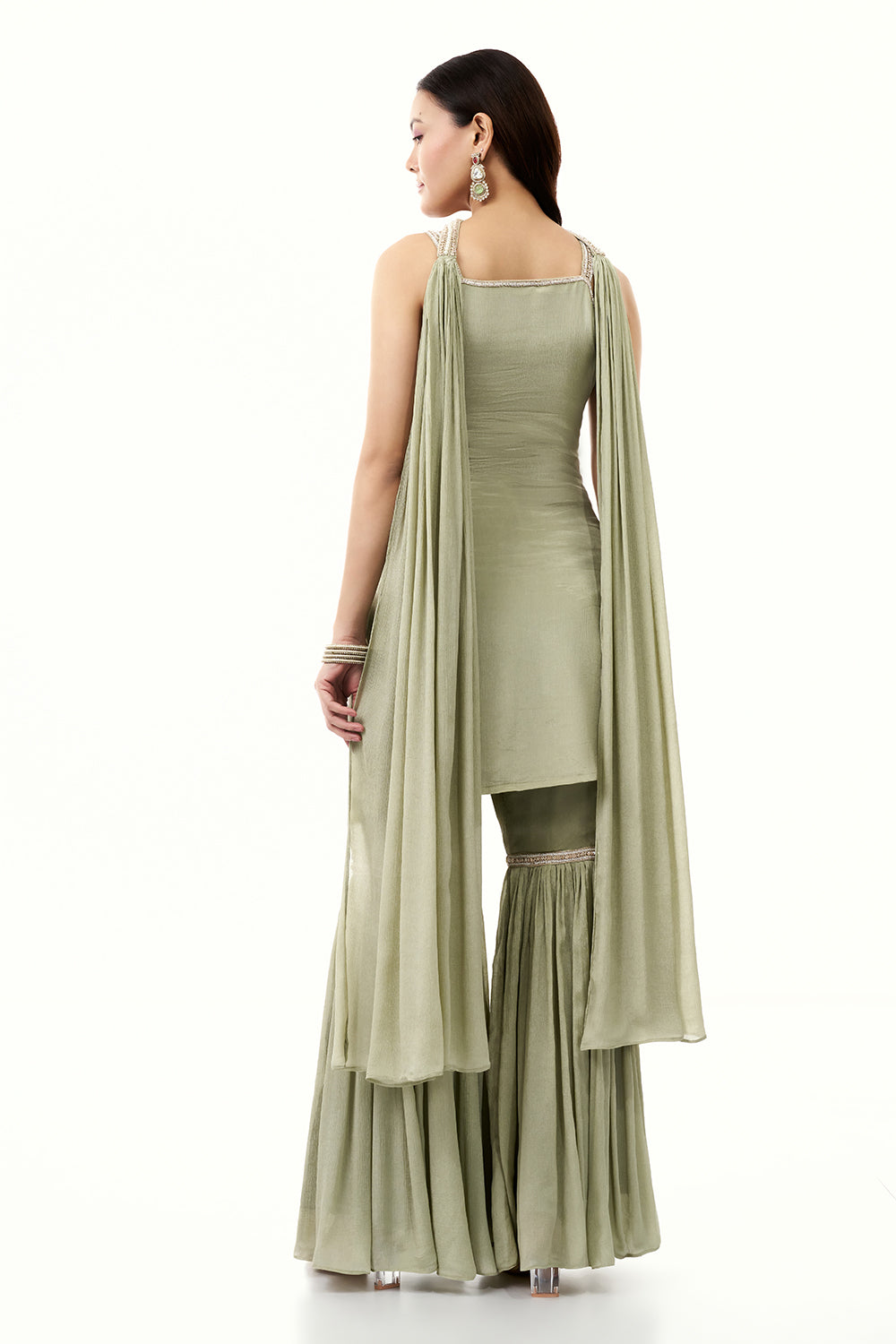 Sage Green Chinon Sharara Set with Moti and Cutdana Work