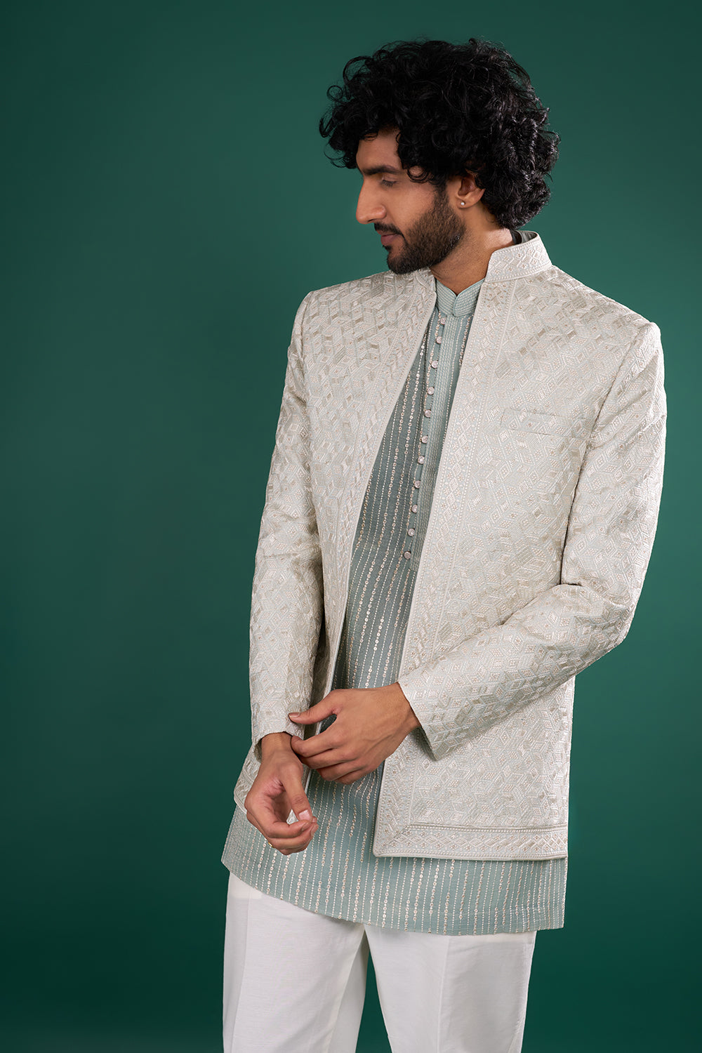 Sage Green Embroidered Silk Blend Kurta Set with Ivory Jacket