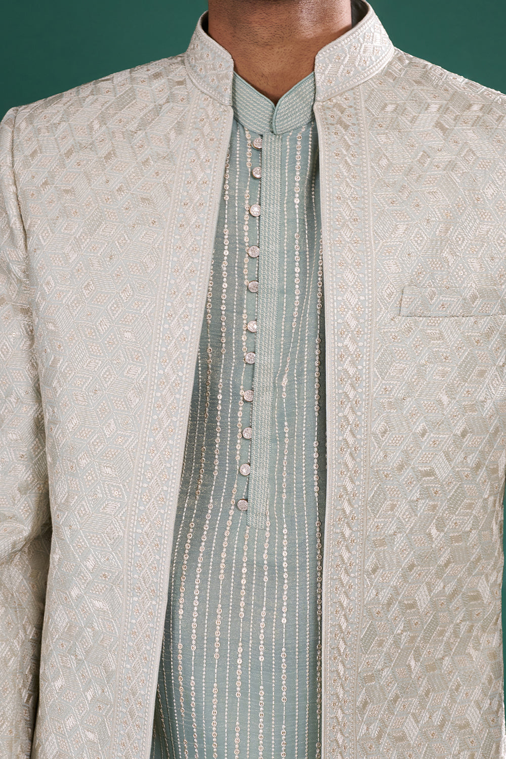 Sage Green Embroidered Silk Blend Kurta Set with Ivory Jacket