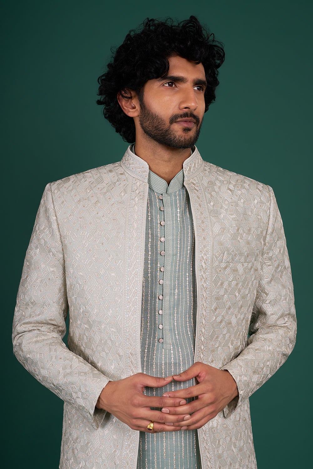 Sage Green Embroidered Silk Blend Kurta Set with Ivory Jacket