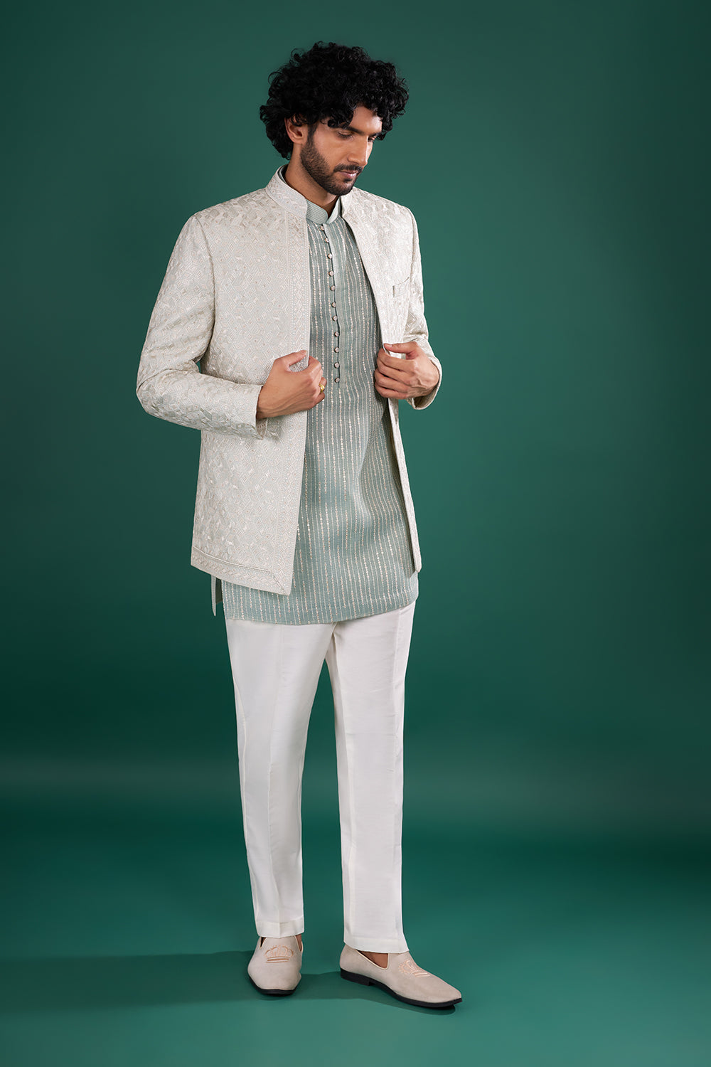Sage Green Embroidered Silk Blend Kurta Set with Ivory Jacket