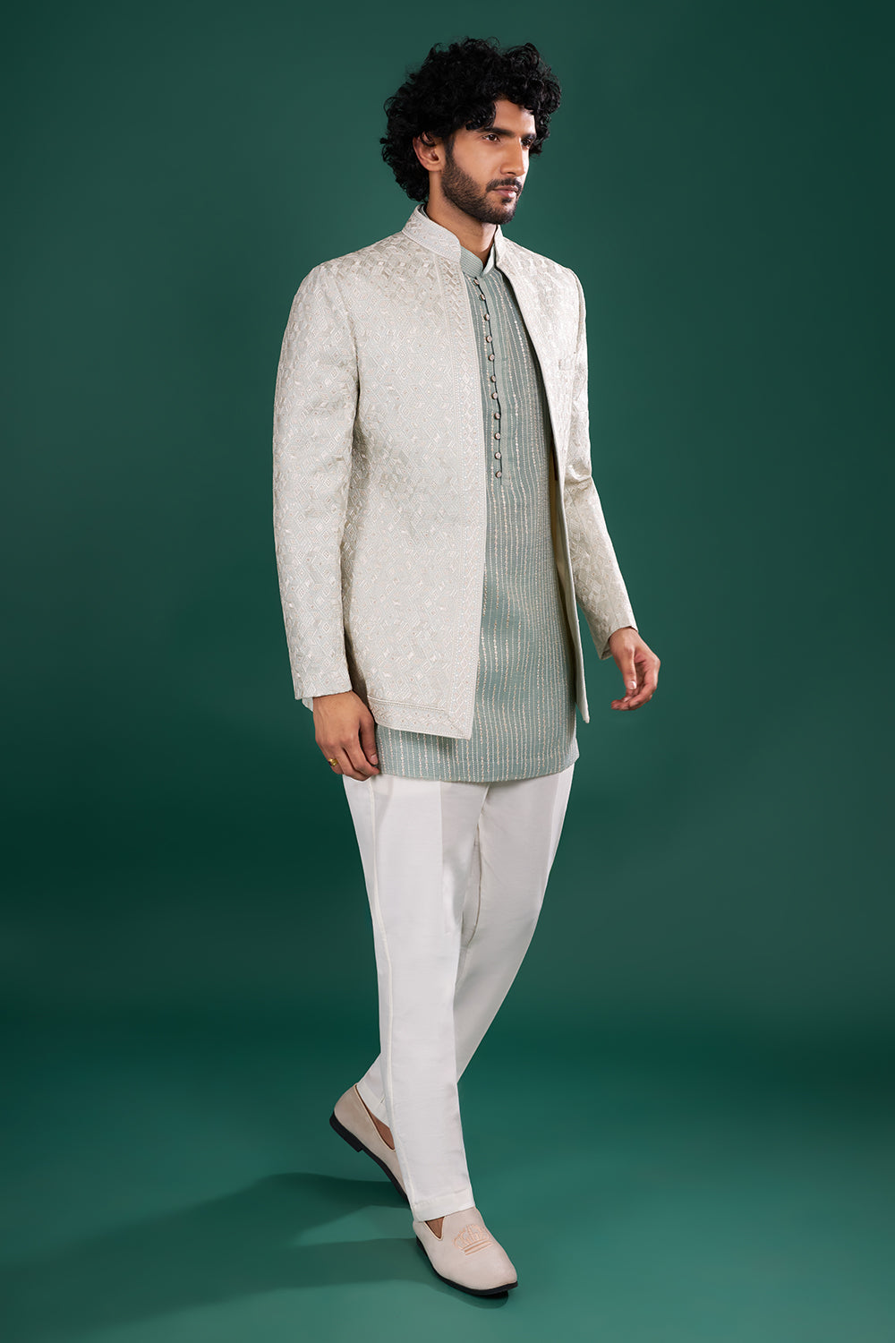 Sage Green Embroidered Silk Blend Kurta Set with Ivory Jacket