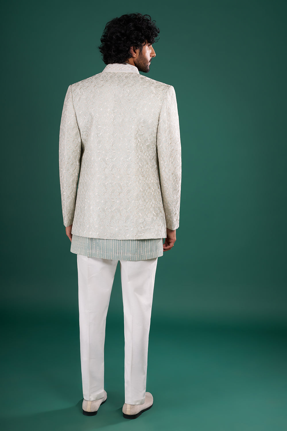 Sage Green Embroidered Silk Blend Kurta Set with Ivory Jacket