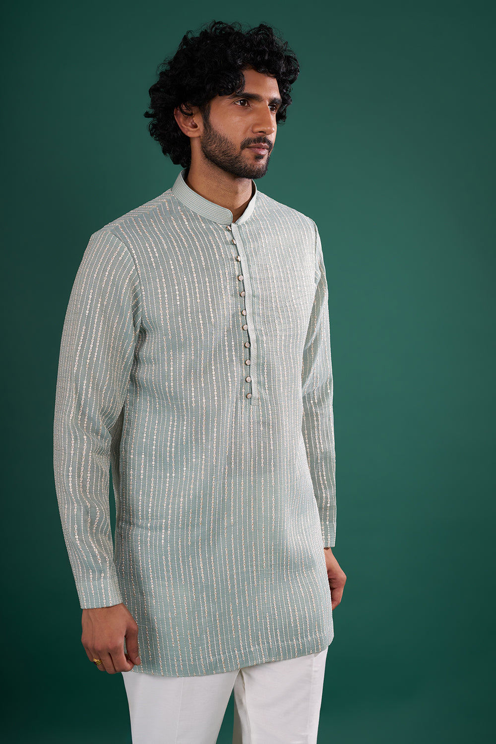 Sage Green Embroidered Silk Blend Kurta Set with Ivory Jacket
