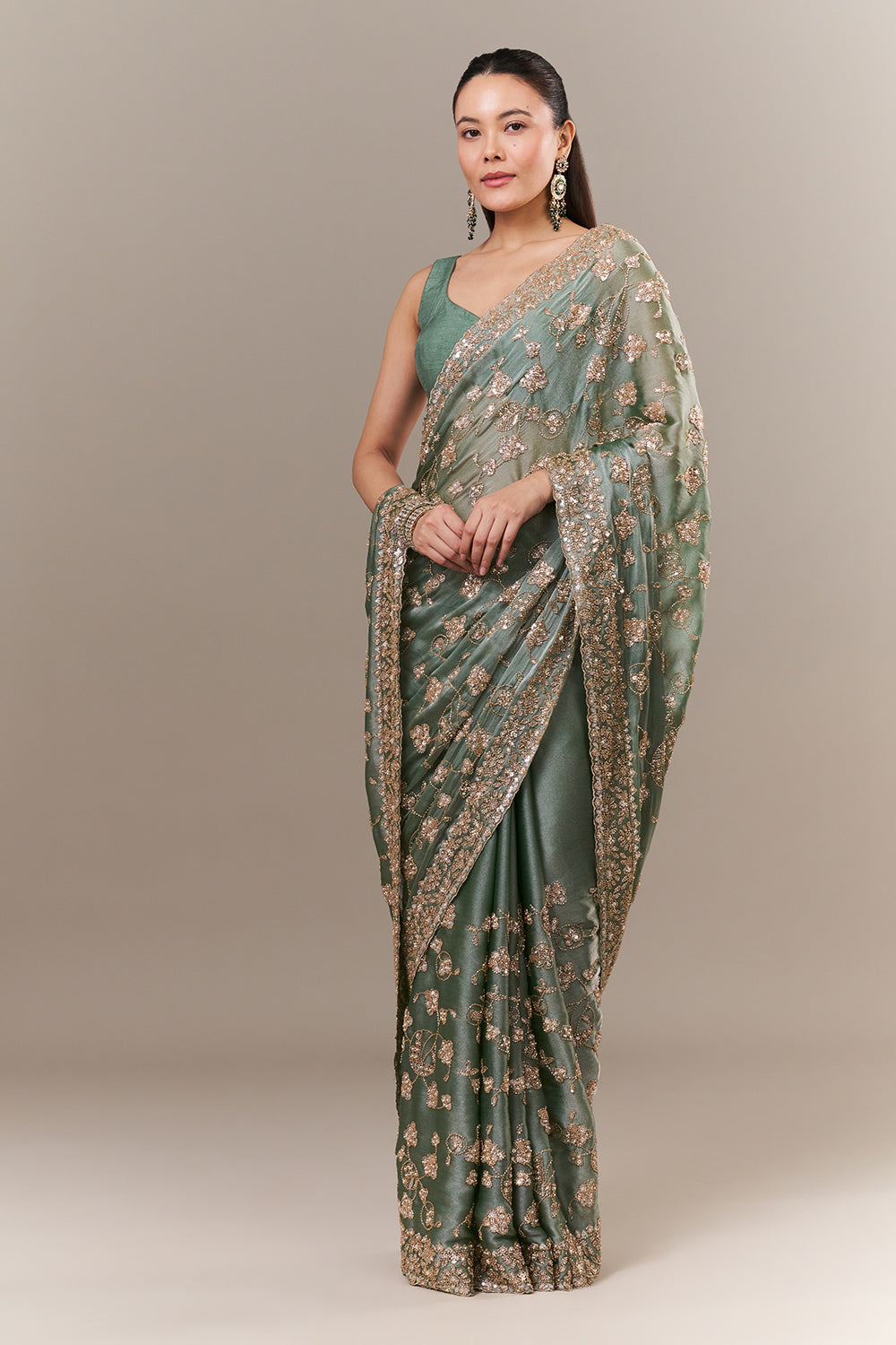 Sage Green Glass Organza Saree with Sequin and Cutdana Work