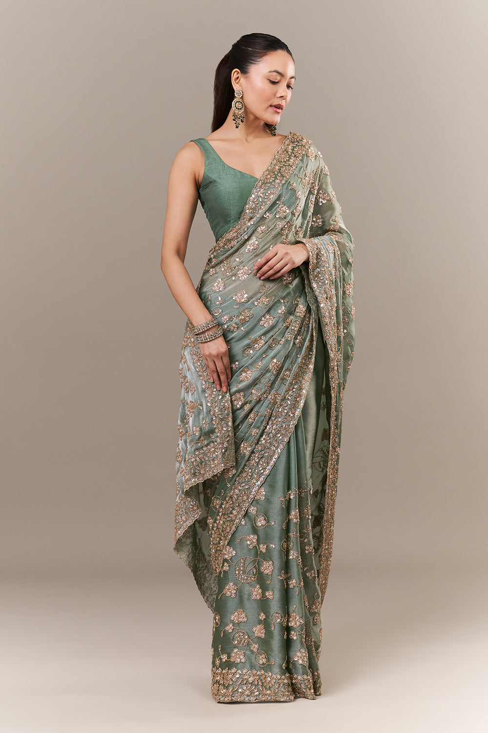 Sage Green Glass Organza Saree with Sequin and Cutdana Work